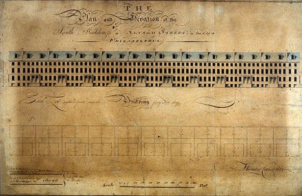 An early drawing of the row houses on Sansom Street